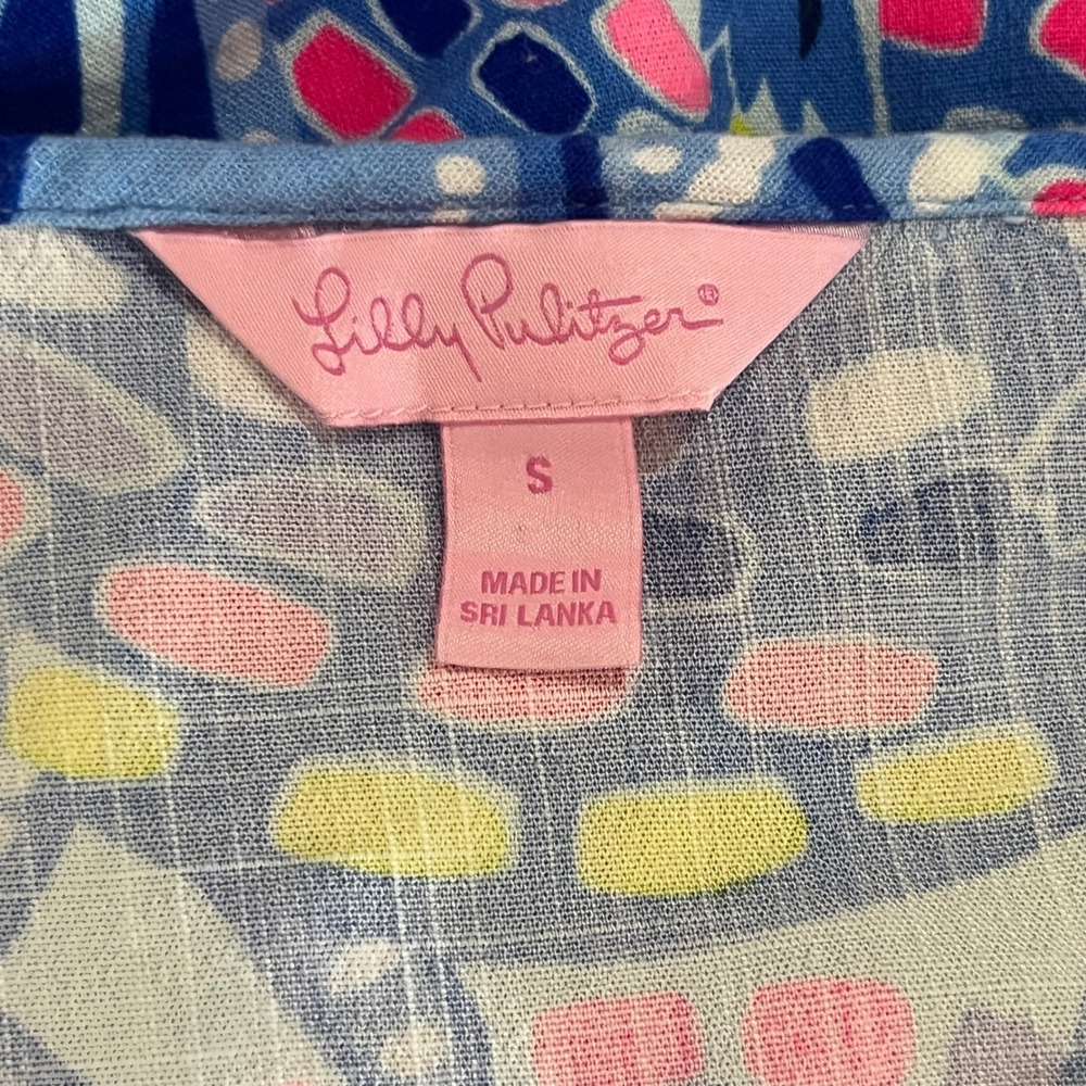Lilly Pulitzer Lyndsey Tunic Blue Tropical Print Embroidered V-Neck Small - Picture 6 of 8